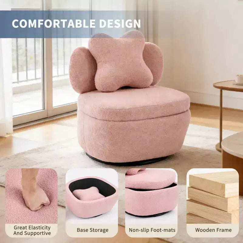 Fauteuil d'appoint pivotant à 360° avec compartiment de rangement, fauteuil en velours Teddy avec coussin ergonomique, tissu anti-rayures