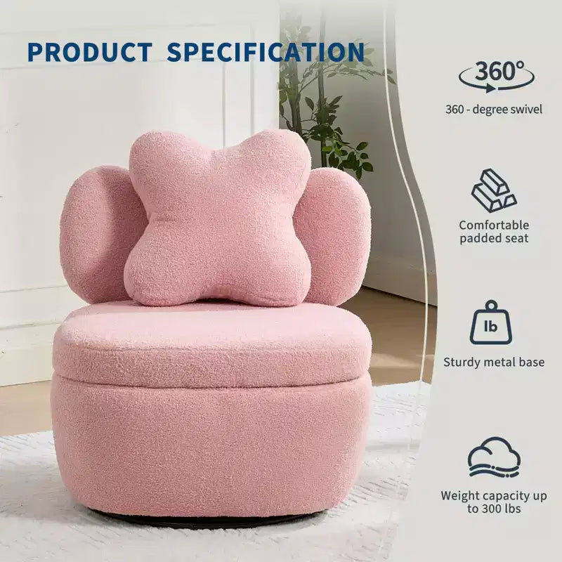 Fauteuil d'appoint pivotant à 360° avec compartiment de rangement, fauteuil en velours Teddy avec coussin ergonomique, tissu anti-rayures