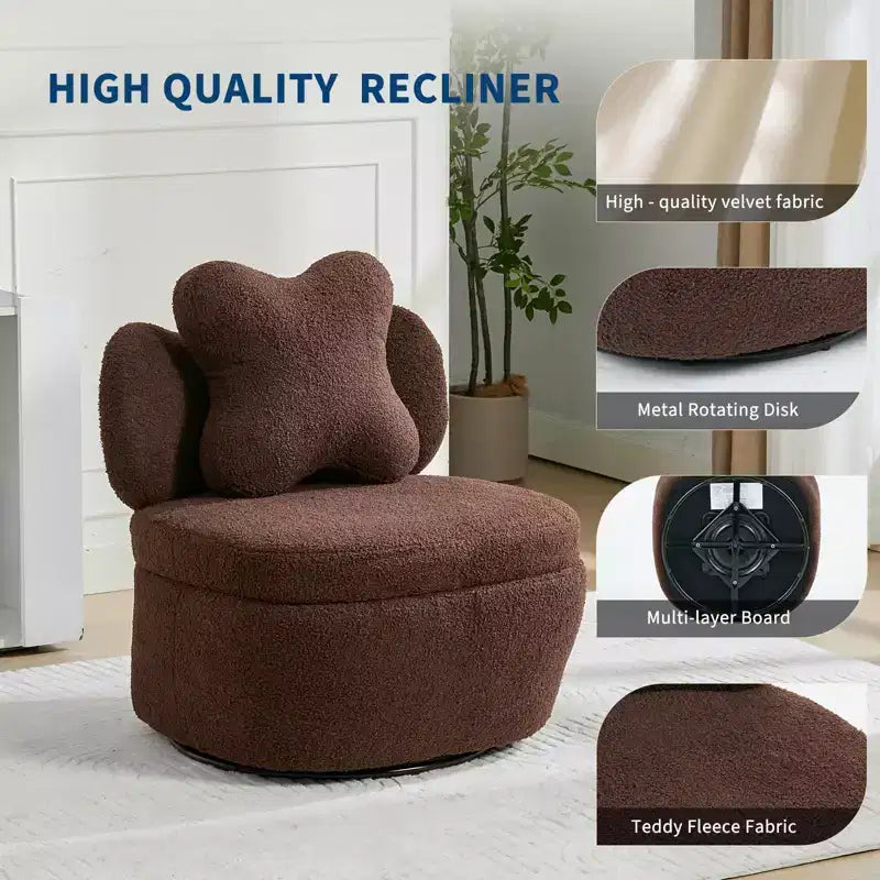 Fauteuil d'appoint pivotant à 360° avec compartiment de rangement, fauteuil en velours Teddy avec coussin ergonomique, tissu anti-rayures