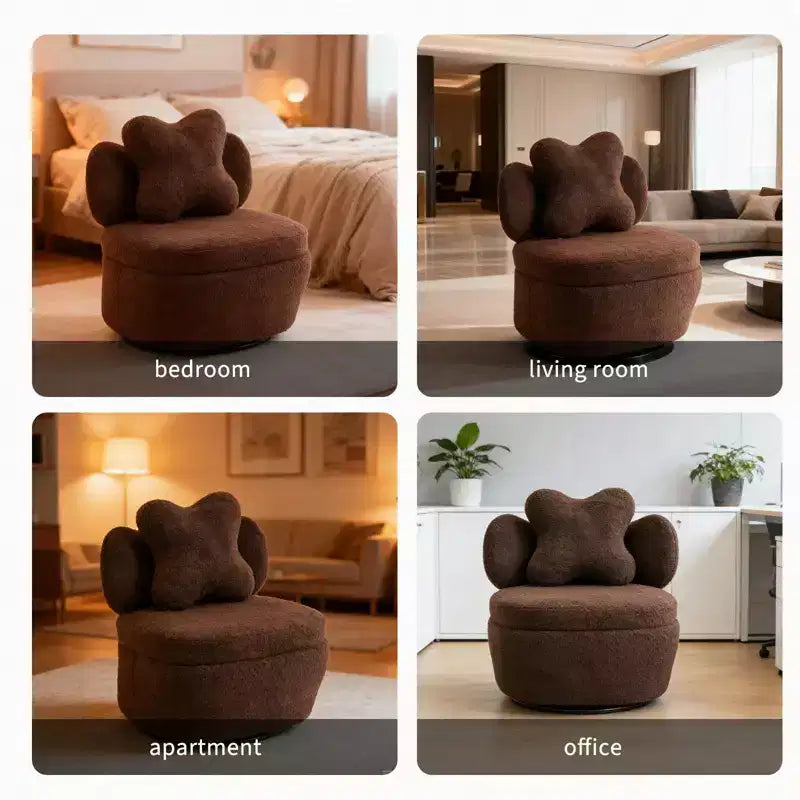 Fauteuil d'appoint pivotant à 360° avec compartiment de rangement, fauteuil en velours Teddy avec coussin ergonomique, tissu anti-rayures
