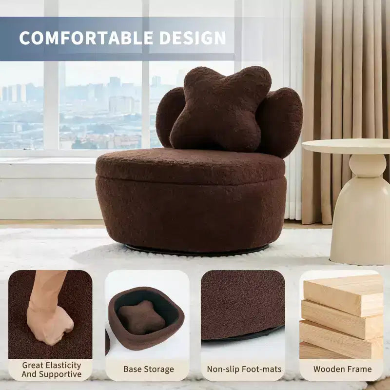 Fauteuil d'appoint pivotant à 360° avec compartiment de rangement, fauteuil en velours Teddy avec coussin ergonomique, tissu anti-rayures