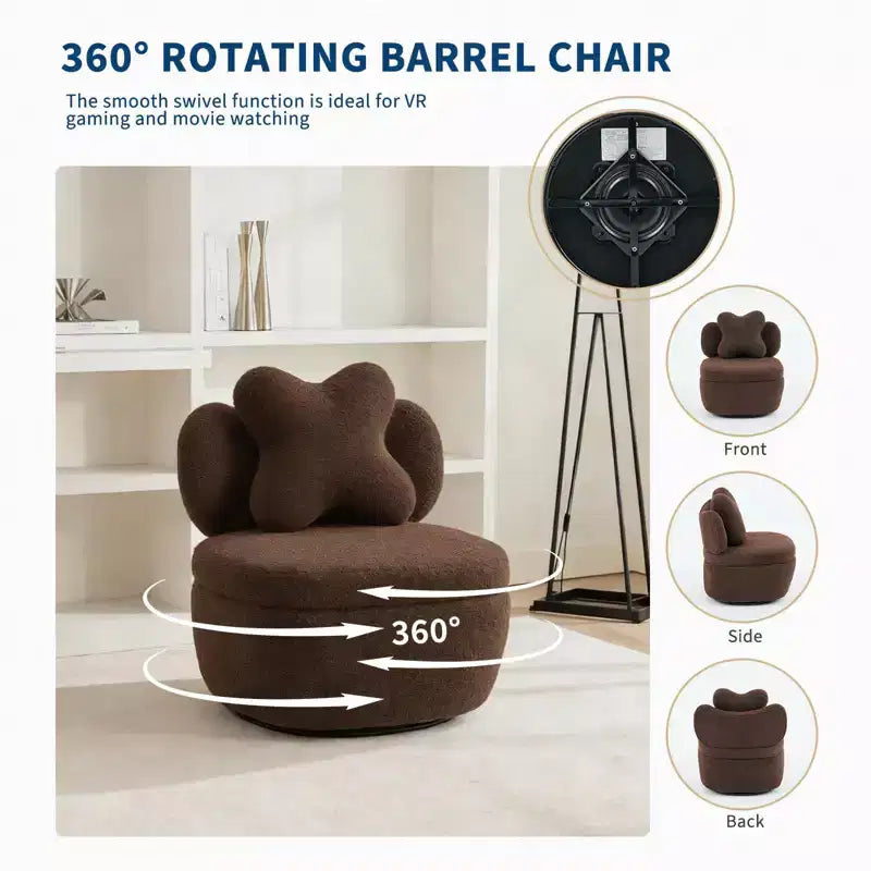 Fauteuil d'appoint pivotant à 360° avec compartiment de rangement, fauteuil en velours Teddy avec coussin ergonomique, tissu anti-rayures