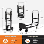 Diable convertible 2-en-1, chariot pliable de 300 kg avec roues, sangles élastiques, diable pliable en acier au carbone pour entrepôt